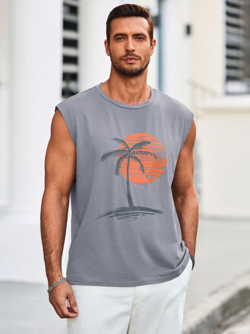 Runcati Mens Sleeveless Tank Tops Workout Gym Muscle Shirts Palm Tree Vintage Hawaiian Summer Beach T Shirts Gray - Image 2