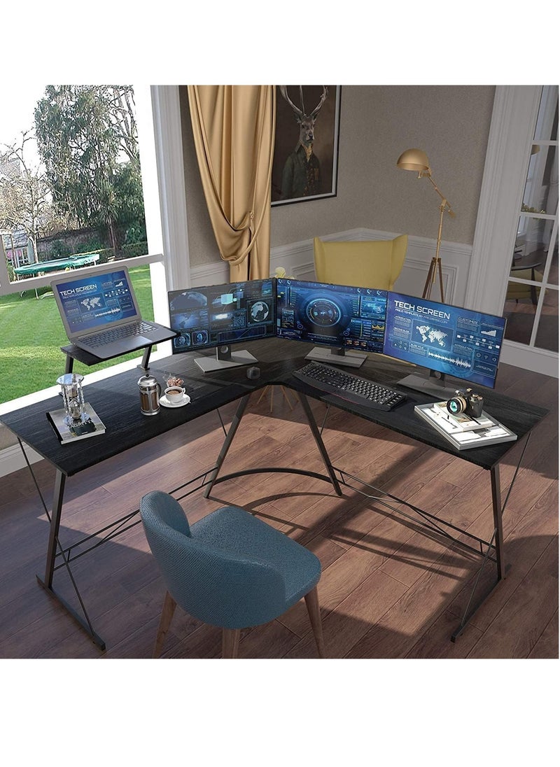 L-Shaped Desk Computer Corner Table Home Gaming Desk Office Writing Workstation With Large Monitor Stand Space-Saving Easy To Assemble - Black - 130x50x74 CM