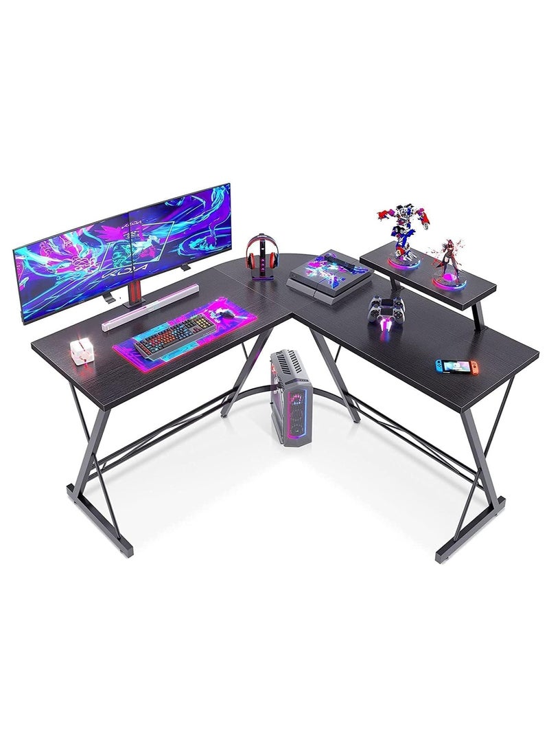 L-Shaped Desk Computer Corner Table Home Gaming Desk Office Writing Workstation With Large Monitor Stand Space-Saving Easy To Assemble - Black - 130x50x74 CM