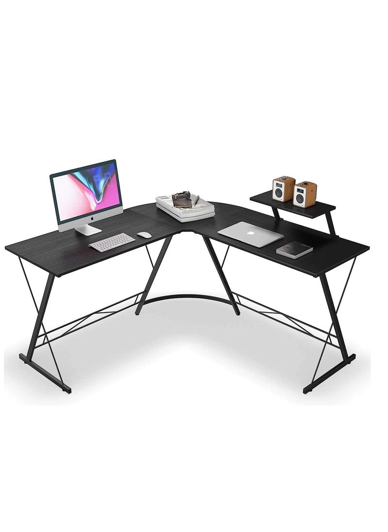 L-Shaped Desk Computer Corner Table Home Gaming Desk Office Writing Workstation With Large Monitor Stand Space-Saving Easy To Assemble - Black - 130x50x74 CM