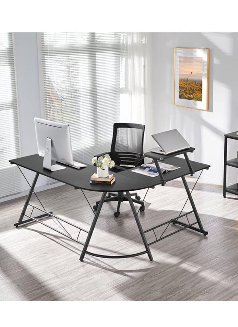 L-Shaped Desk Computer Corner Table Home Gaming Desk Office Writing Workstation With Large Monitor Stand Space-Saving Easy To Assemble - Black - 130x50x74 CM