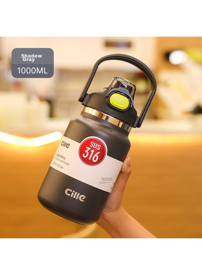 Cille Insulated Water Bottle, Large Capacity, 316 Stainless Steel, With Straw And Dual Drinking Spouts, For Men And Women, Outdoor, Car-mounted, Portable, 1l, Gray - Image 1