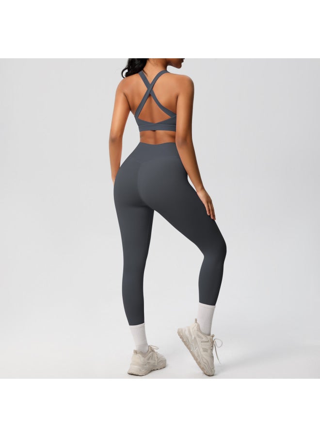 Song Feng Ya European And American Solid Color Vest Shockproof High Strength Pilates Bra Fitness Suit Naked Yoga Pants Outdoor Sports Suit  - Image 1