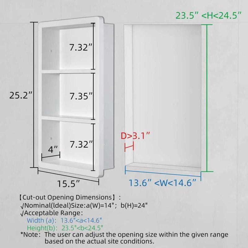 IDYLLOR Recessed Medicine Cabinet No Mirror - 14x24 Bathroom Storage Wall Cabinet with 2 Shelves, 304 Stainless Steel Shower Niche, Matte White Waterproof for Bathroom, Toilet, Vanity - Image 4