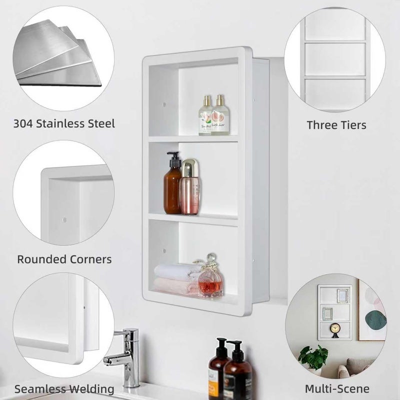 IDYLLOR Recessed Medicine Cabinet No Mirror - 14x24 Bathroom Storage Wall Cabinet with 2 Shelves, 304 Stainless Steel Shower Niche, Matte White Waterproof for Bathroom, Toilet, Vanity - Image 3