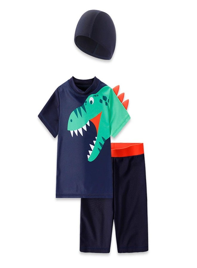 glcsisi Baby Boys Two Piece Swimsuit Dinosaur Bathing Suit SPF Swim Shirts & Trunks Kids Rash Guard Shorts with Swim Cap 1-2t - Image 1