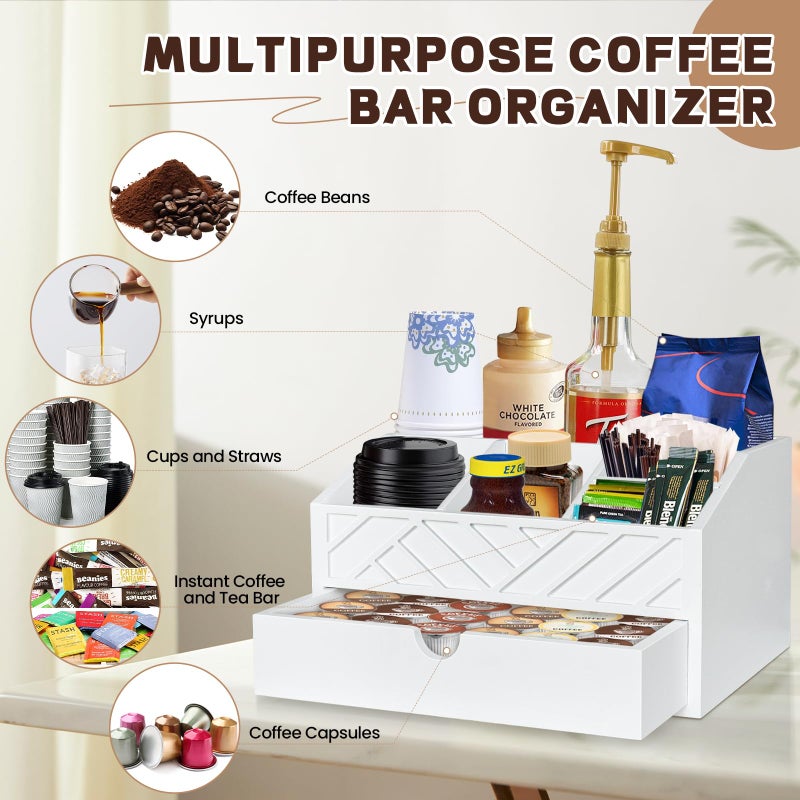 Jorkol Coffee Bar Organizer with Drawer, Coffee Station Organizer for Countertop, Wood Coffee Bar Accessories Organizer for Coffee Bar Decor, Farmhouse Coffee Cup Pod Holder Condiment Organizer(White) - Image 4
