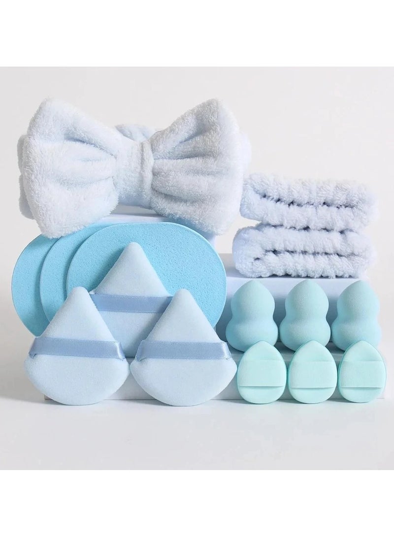 Generic 15-Piece Spa Headband and Wristband Clean Set, Includes Makeup Sponges and Face Triangle Powder Puff Skincare Beauty Blender for Washing Face,Women Gift Set(Blue) - Image 2