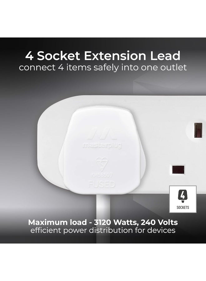 Masterplug 4 Socket Extension Lead with 3m Cable, UK 3-Pin Plug, 13A 3120W, Shuttered Safety Outlets, White - Image 3
