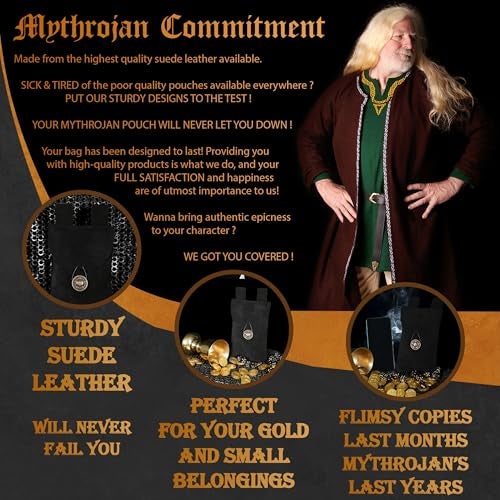 Mythrojan Medieval Renaissance Suede Jewelry Belt Pouch LARP Costume Waist Bag for Historical Reenactment, Cosplay, Stage Props - Black - Image 4