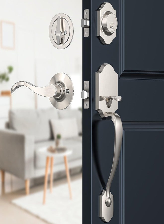 Brightify Front Door Handle, Front Door Lock Set, Front Door Handleset with Door Lever, Single Cylinder Reversible Door Lock Set with Handle Lever, Adjustable Deadbolt Door Entry Handles, Satin Nickel - Image 1