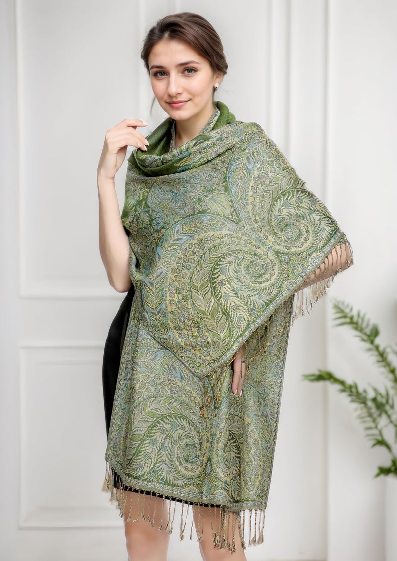 Achillea Luxurious Double Layered Jacquard Big Paisley Pashmina Shawl Wrap Scarf (Green) - Image 3