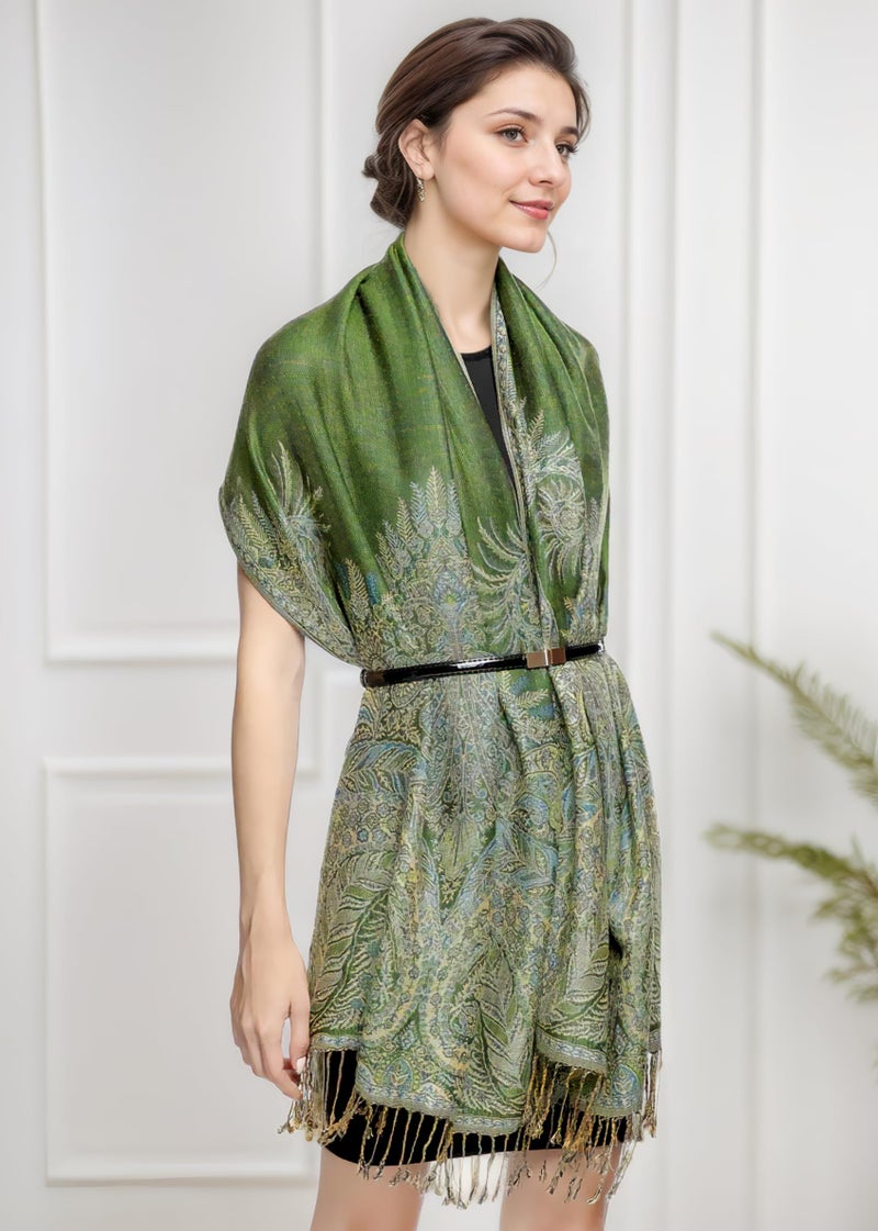 Achillea Luxurious Double Layered Jacquard Big Paisley Pashmina Shawl Wrap Scarf (Green) - Image 5