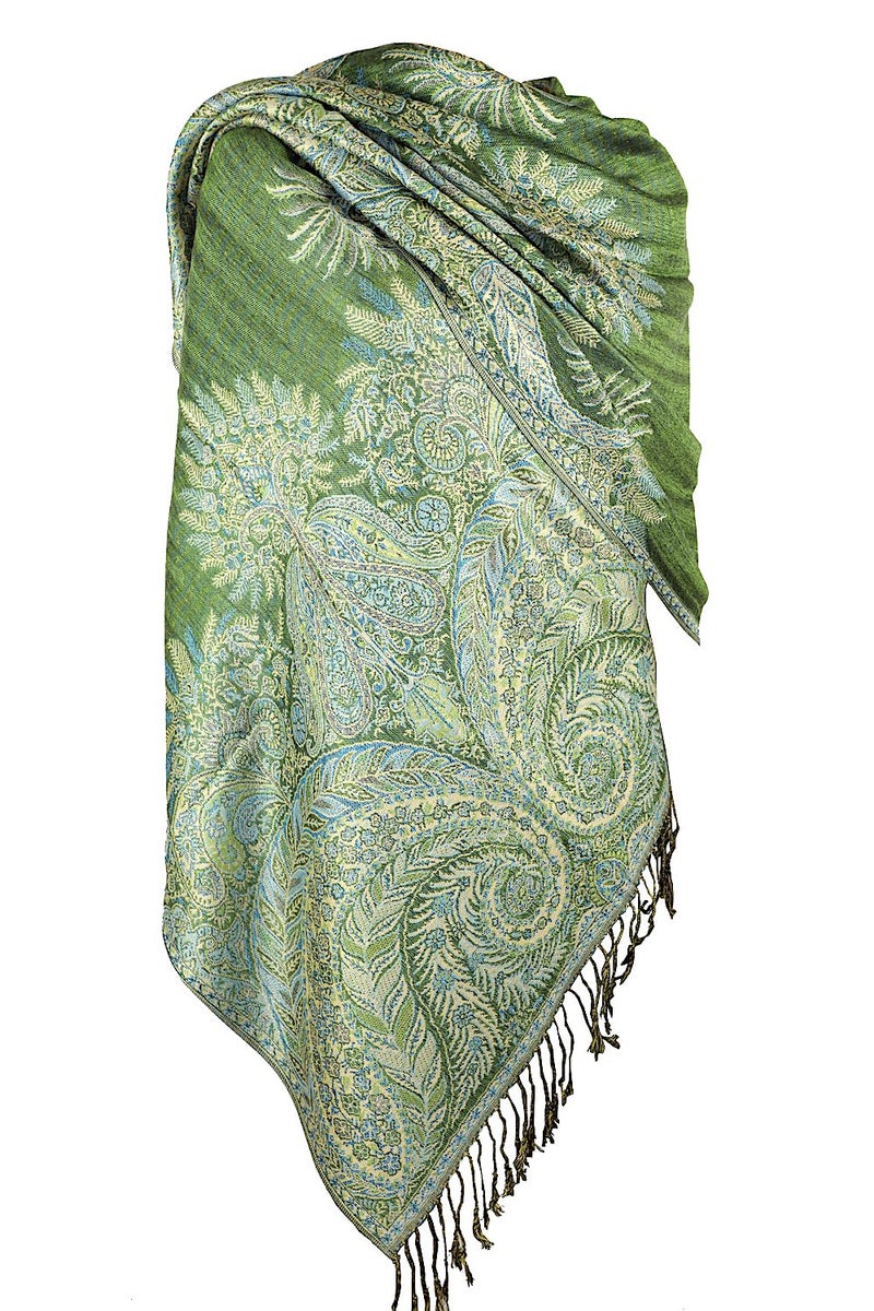 Achillea Luxurious Double Layered Jacquard Big Paisley Pashmina Shawl Wrap Scarf (Green) - Image 1