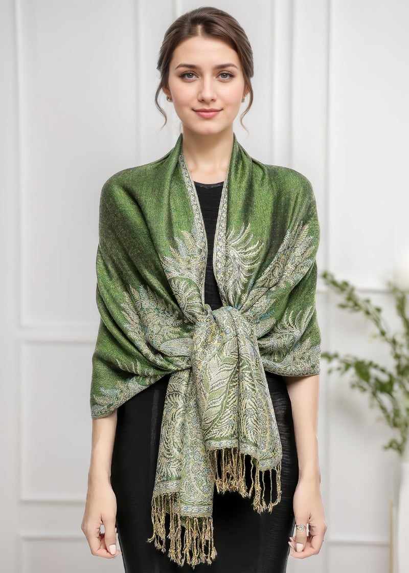 Achillea Luxurious Double Layered Jacquard Big Paisley Pashmina Shawl Wrap Scarf (Green) - Image 4