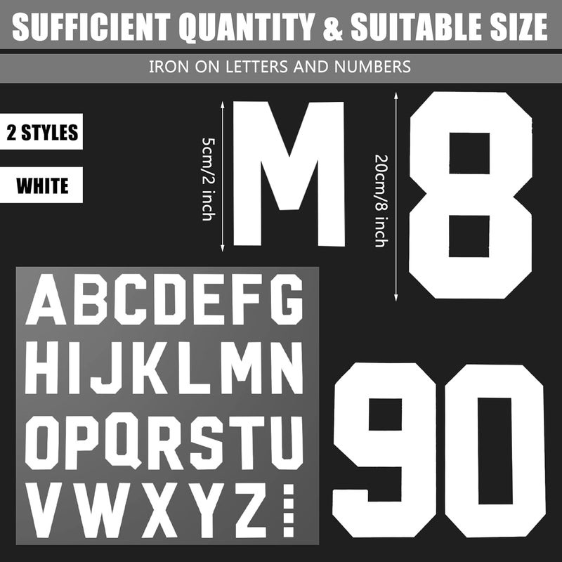 Woanger Woanger 32 Sheets 400 Pcs Iron on Letters and Numbers for Jersey T Shirt 8 Inch 0 to 9 Heat Transfer Numbers 2 Inch A to Z Letters Patches for DIY Football Basketball Soccer Match Team Sports White - Image 2