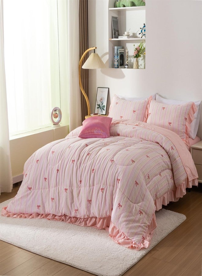 Aimuan Pink Bow Comforter Set 6 Piece, Cute Ribbon Bowknot Bedding Set, Princess Rainbow Comforter and Sheet Set Dreamy Lightweight Soft Bed Set for Girls (Pink Colorful, Twin 6Pcs) - Image 3