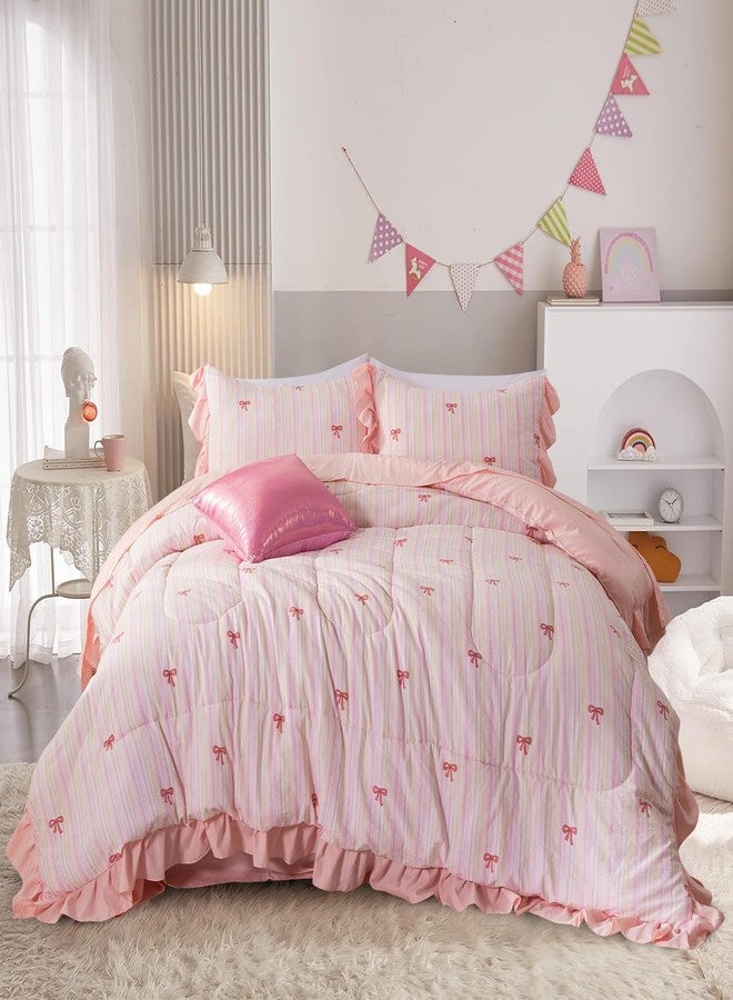Aimuan Pink Bow Comforter Set 6 Piece, Cute Ribbon Bowknot Bedding Set, Princess Rainbow Comforter and Sheet Set Dreamy Lightweight Soft Bed Set for Girls (Pink Colorful, Twin 6Pcs) - Image 1