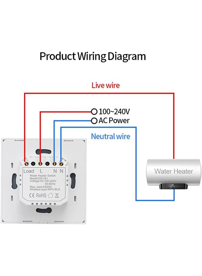 20A Smart WiFi/Bluetooth Water Heater Switch, Smart Boiler Touch Switch  Voice Control APP Remote Control Compatible with Alexa and Google Home Neutral Wire Required