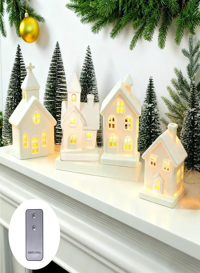 ZTL 9 Pcs Ceramic Christmas Village Set - 4 LED Village Houses 5 Xmas Trees 1 Remote,Porcelain Miniature Christmas Figurines Decorations for Home Tabletop Mantel Shelf Decor - Image 1
