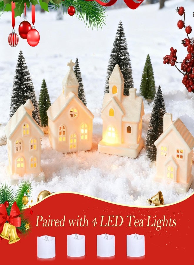 ZTL 9 Pcs Ceramic Christmas Village Set - 4 LED Village Houses 5 Xmas Trees 1 Remote,Porcelain Miniature Christmas Figurines Decorations for Home Tabletop Mantel Shelf Decor - Image 5