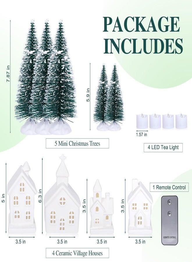 ZTL 9 Pcs Ceramic Christmas Village Set - 4 LED Village Houses 5 Xmas Trees 1 Remote,Porcelain Miniature Christmas Figurines Decorations for Home Tabletop Mantel Shelf Decor - Image 3