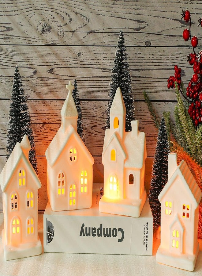 ZTL 9 Pcs Ceramic Christmas Village Set - 4 LED Village Houses 5 Xmas Trees 1 Remote,Porcelain Miniature Christmas Figurines Decorations for Home Tabletop Mantel Shelf Decor - Image 2