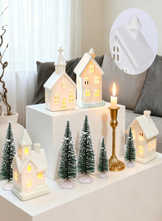 ZTL 9 Pcs Ceramic Christmas Village Set - 4 LED Village Houses 5 Xmas Trees 1 Remote,Porcelain Miniature Christmas Figurines Decorations for Home Tabletop Mantel Shelf Decor - Image 4
