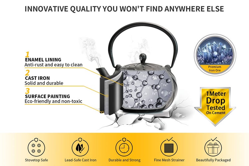 toptier Tea Kettle, TOPTIER Japanese Cast Iron Teapot with Infuser, Cast Iron Tea Kettle Stovetop Safe, Wave Design Teapot Coated with Enameled Interior for 30 Ounce (900 ml), Midnight Black - Image 2