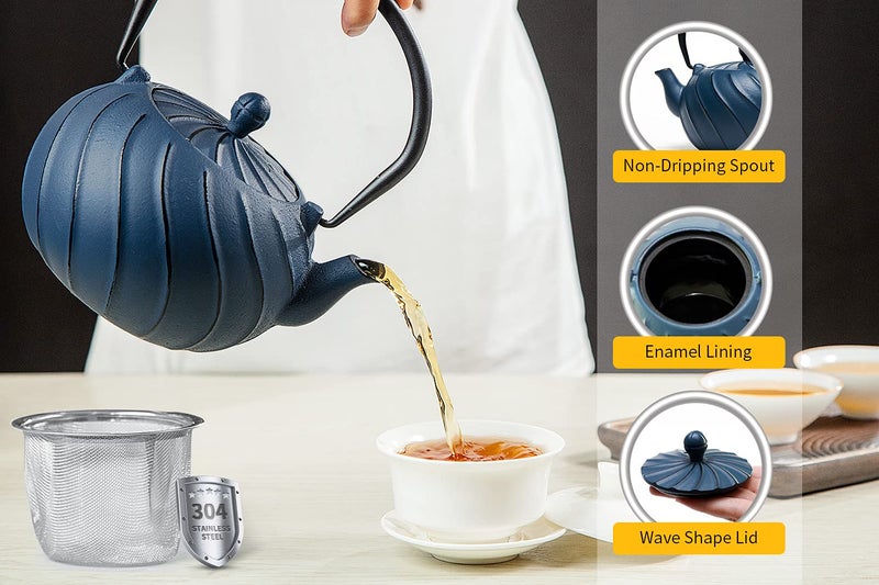 toptier Tea Kettle, TOPTIER Japanese Cast Iron Teapot with Infuser, Cast Iron Tea Kettle Stovetop Safe, Wave Design Teapot Coated with Enameled Interior for 30 Ounce (900 ml), Midnight Black - Image 5