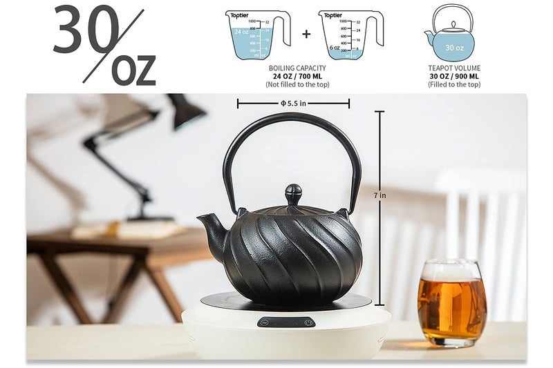 toptier Tea Kettle, TOPTIER Japanese Cast Iron Teapot with Infuser, Cast Iron Tea Kettle Stovetop Safe, Wave Design Teapot Coated with Enameled Interior for 30 Ounce (900 ml), Midnight Black - Image 4