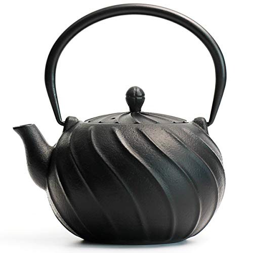 toptier Tea Kettle, TOPTIER Japanese Cast Iron Teapot with Infuser, Cast Iron Tea Kettle Stovetop Safe, Wave Design Teapot Coated with Enameled Interior for 30 Ounce (900 ml), Midnight Black - Image 1