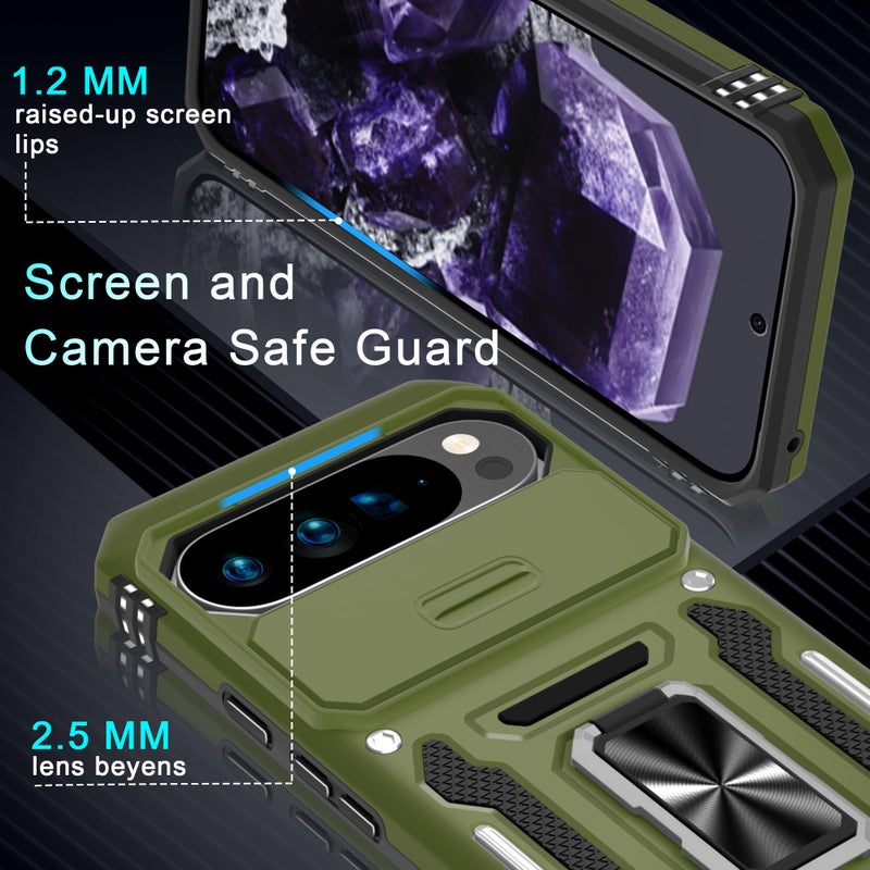 DEERLAMN Case for Google Pixel 10 Pro XL with Slide Camera Cover+Screen Protector(1 Pack), Rotated Ring Kickstand Military Grade Shockproof Protective Cover-Olive Green - Image 5
