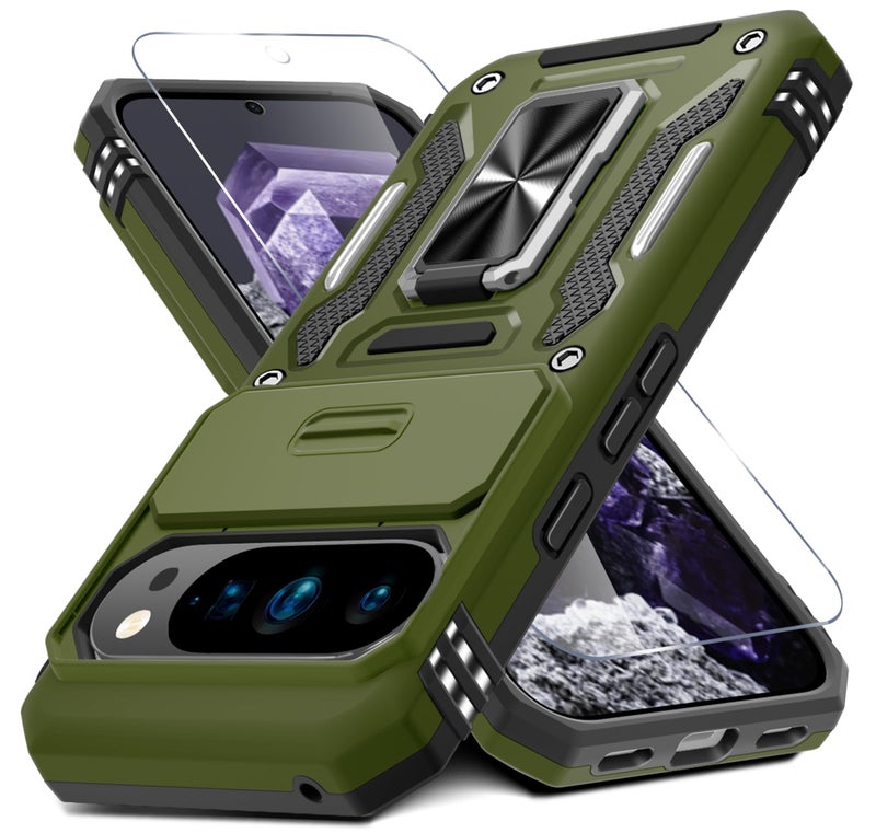 DEERLAMN Case for Google Pixel 10 Pro XL with Slide Camera Cover+Screen Protector(1 Pack), Rotated Ring Kickstand Military Grade Shockproof Protective Cover-Olive Green - Image 1