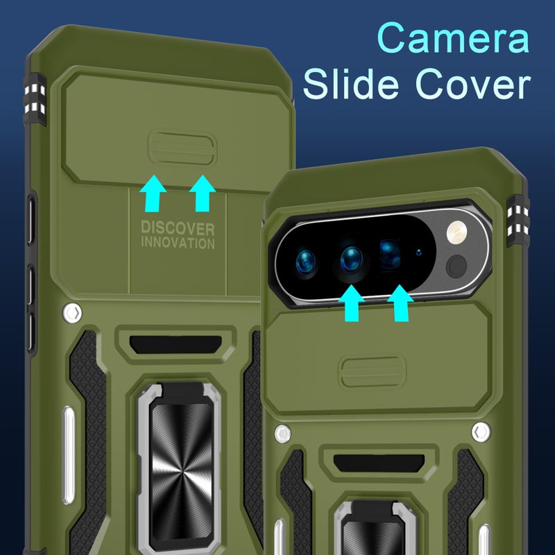DEERLAMN Case for Google Pixel 10 Pro XL with Slide Camera Cover+Screen Protector(1 Pack), Rotated Ring Kickstand Military Grade Shockproof Protective Cover-Olive Green - Image 2