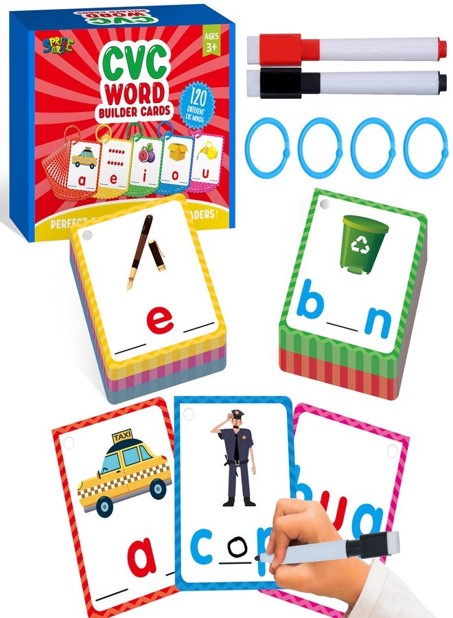 سبرايت جرو بطاقات كتابة الكلمات CVC، 120 بطاقة كتابة يدوية مزدوجة الجوانب، بطاقات تعليمية لتهجئة حروف العلة القصيرة، أداة تعليمية مبكرة للأطفال من سن 3 إلى 5 سنوات (بالإضافة إلى قلمين و3 حلقات بلاستيكية قابلة لإعادة الإغلاق) - Image 1