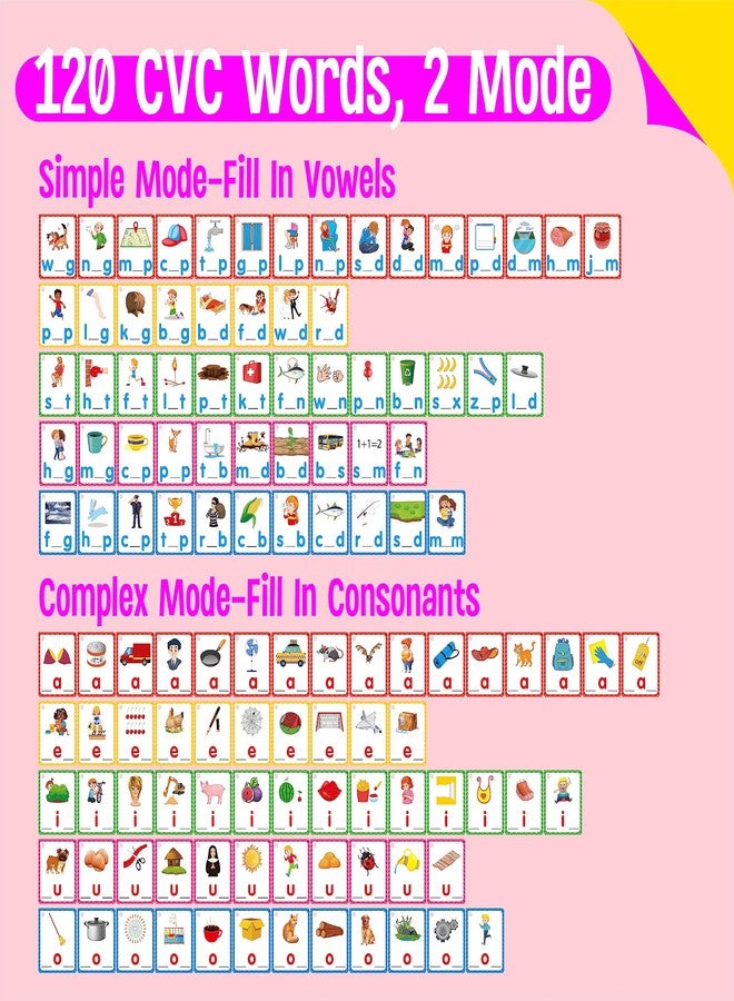 سبرايت جرو بطاقات كتابة الكلمات CVC، 120 بطاقة كتابة يدوية مزدوجة الجوانب، بطاقات تعليمية لتهجئة حروف العلة القصيرة، أداة تعليمية مبكرة للأطفال من سن 3 إلى 5 سنوات (بالإضافة إلى قلمين و3 حلقات بلاستيكية قابلة لإعادة الإغلاق) - Image 4