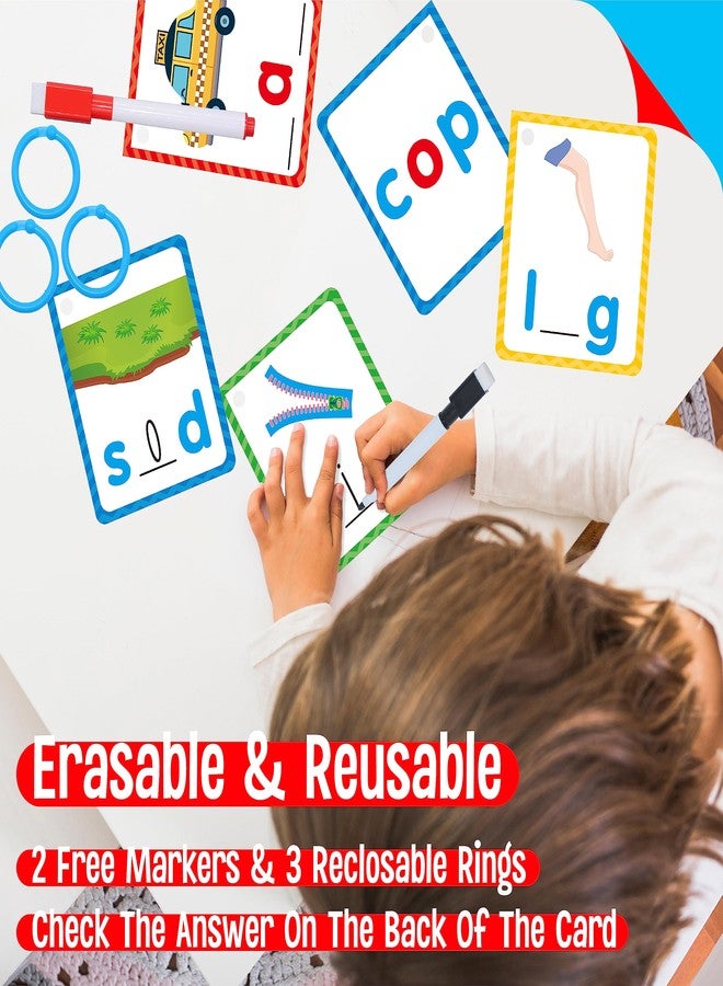 سبرايت جرو بطاقات كتابة الكلمات CVC، 120 بطاقة كتابة يدوية مزدوجة الجوانب، بطاقات تعليمية لتهجئة حروف العلة القصيرة، أداة تعليمية مبكرة للأطفال من سن 3 إلى 5 سنوات (بالإضافة إلى قلمين و3 حلقات بلاستيكية قابلة لإعادة الإغلاق) - Image 5