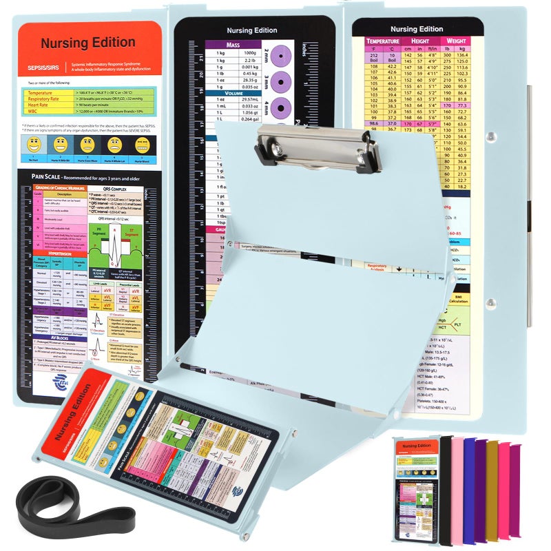 SC Printing World Nursing Clipboard Foldable with Medical Edition Cheat Sheets, 3 Layers Aluminum Foldable Clipboard for Nursing, Notepad for Students, Nursing School Essentials (Mint) - Image 1