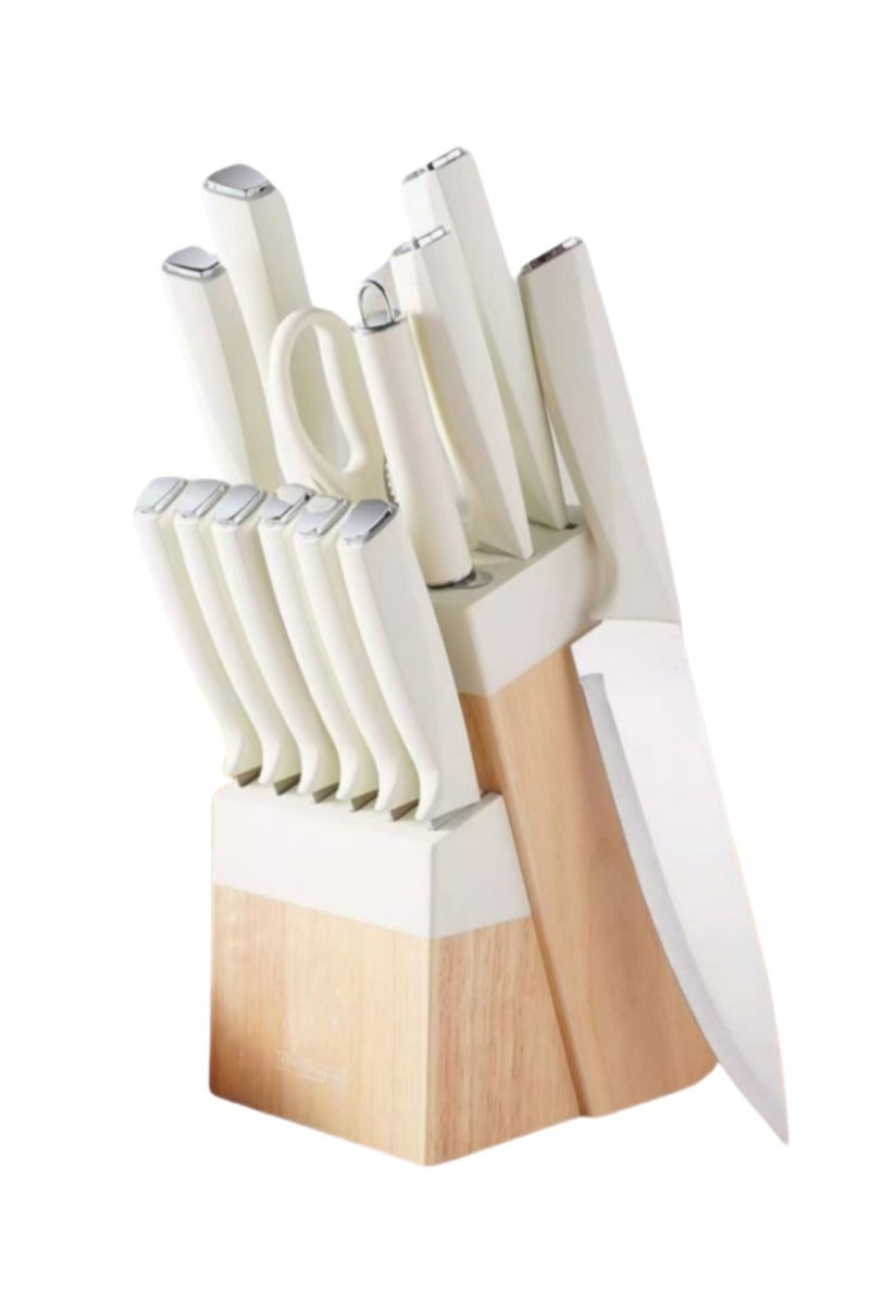 14-Piece High Carbon Stainless Steel Kitchen Knife Set with Sharpener and Pinewood Block, white - Image 1