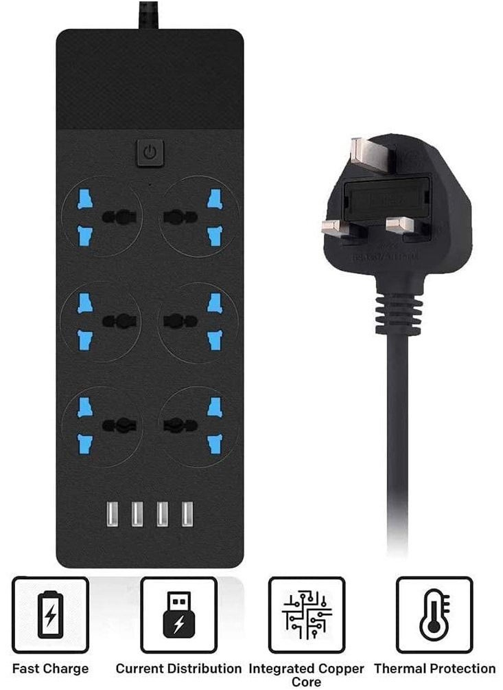 Arabest - موزع طاقة عالمي مع سلك تمديد، محول جدار شامل مع 4 (3.1A) مركز USB و6 مخرج طاقة ذكي محمي من ارتفاع الجهد، كابل موصل بالمملكة المتحدة (5م/16.5قدم) للاستخدام المنزلي والمكتبي - Image 1