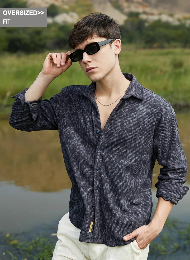 Campus Sutra Campus Sutra Men's Prussian Blue Faded Corduroy Oversized Shirt For Casual Wear | Spread Collar | Long Cuffed Sleeves | Button Closure | Oversized Shirt Crafted With Comfort Fit For Everyday Wear