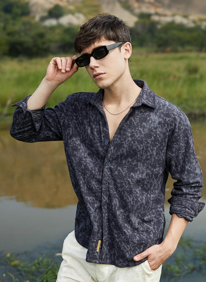 Campus Sutra Men's Prussian Blue Faded Corduroy Oversized Shirt  - Image 1