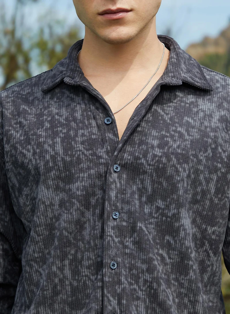 Campus Sutra Campus Sutra Men's Prussian Blue Faded Corduroy Oversized Shirt For Casual Wear | Spread Collar | Long Cuffed Sleeves | Button Closure | Oversized Shirt Crafted With Comfort Fit For Everyday Wear
