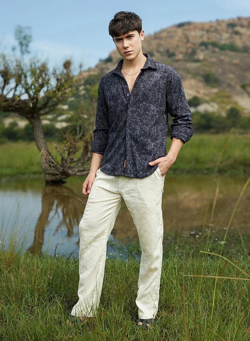 Campus Sutra Campus Sutra Men's Prussian Blue Faded Corduroy Oversized Shirt For Casual Wear | Spread Collar | Long Cuffed Sleeves | Button Closure | Oversized Shirt Crafted With Comfort Fit For Everyday Wear