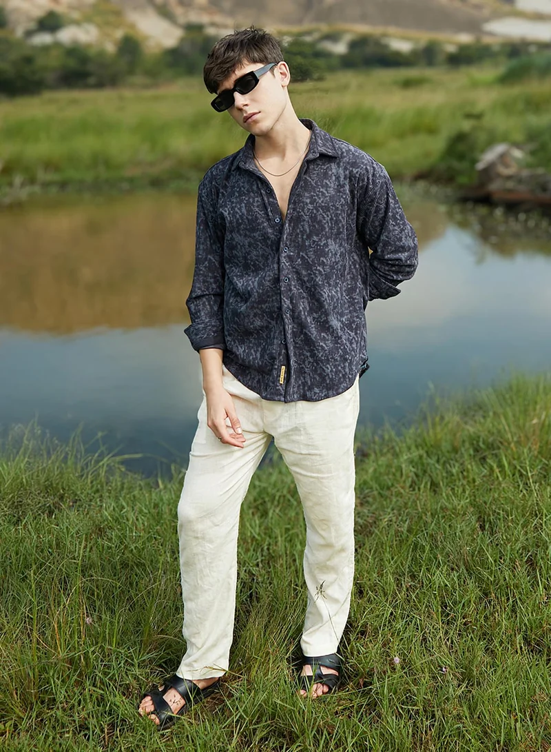 Campus Sutra Campus Sutra Men's Prussian Blue Faded Corduroy Oversized Shirt For Casual Wear | Spread Collar | Long Cuffed Sleeves | Button Closure | Oversized Shirt Crafted With Comfort Fit For Everyday Wear