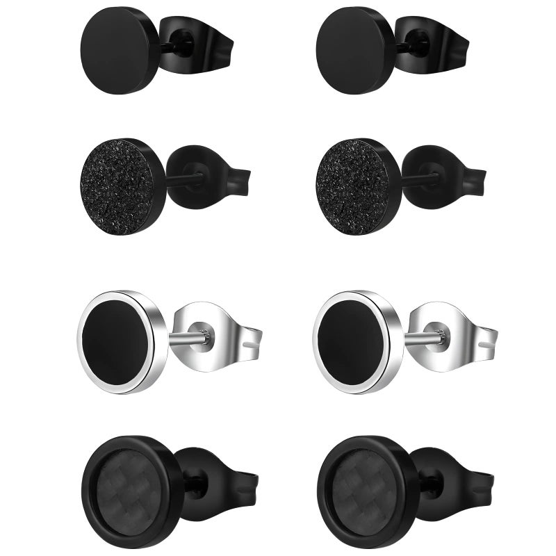 KWUNCCI Black Round Stud Earrings Set Stainless Steel Ear Studs for Men Women 4 Pairs 6MM 8MM 10MM