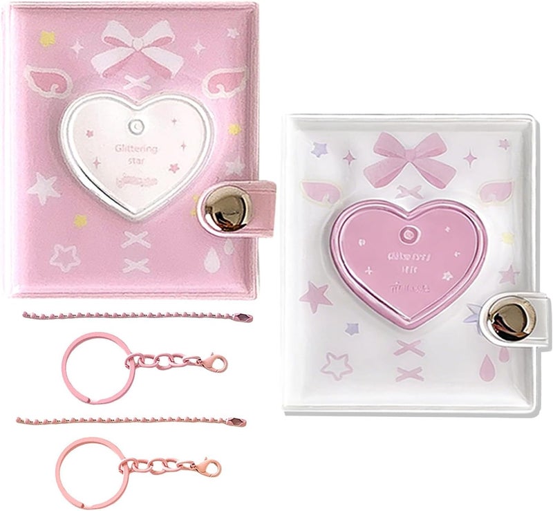 2 PCS 32 Pockets Photocard Binder, Kpop Photocard Holder with Heart Hollow Design, Mini Photo Album with Pendant for Idol Cards, for Polaroids, Photos (Pink, White) - Image 1