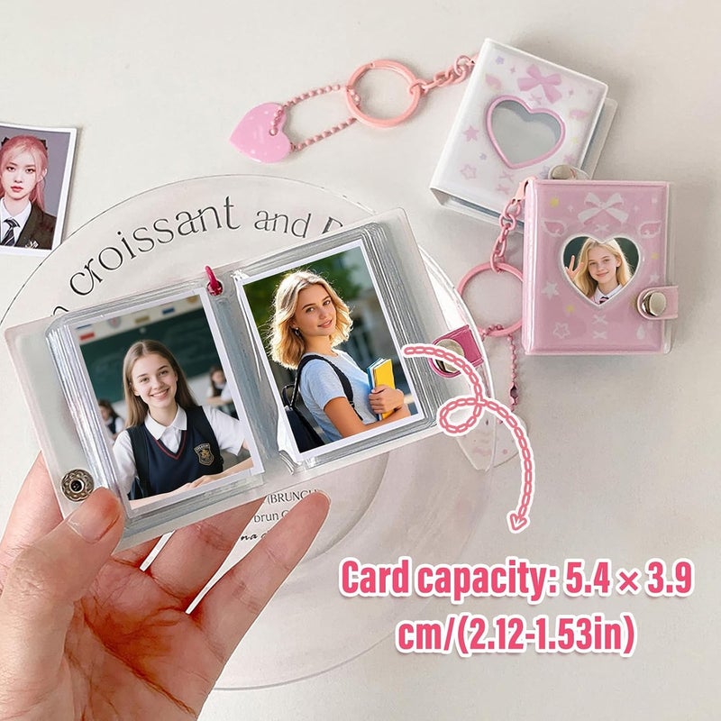 2 PCS 32 Pockets Photocard Binder, Kpop Photocard Holder with Heart Hollow Design, Mini Photo Album with Pendant for Idol Cards, for Polaroids, Photos (Pink, White) - Image 2