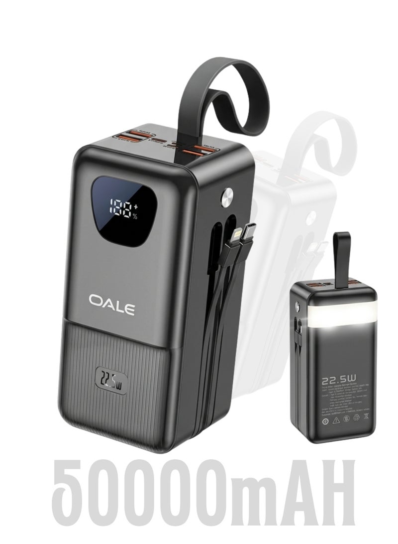 Oale 50000mAh Power Bank with LED Display & Camping Lamp – 22.5W PD Fast Charging, 4 Built-in Cables (USB, Type-C, Lightning, Mini USB) – Fast Charger for iPhone 15/14/13, Samsung Galaxy S24/S23, Xiaomi, Oppo, Vivo, Huawei – Outdoor Party & Camping Backup – Black - Image 1